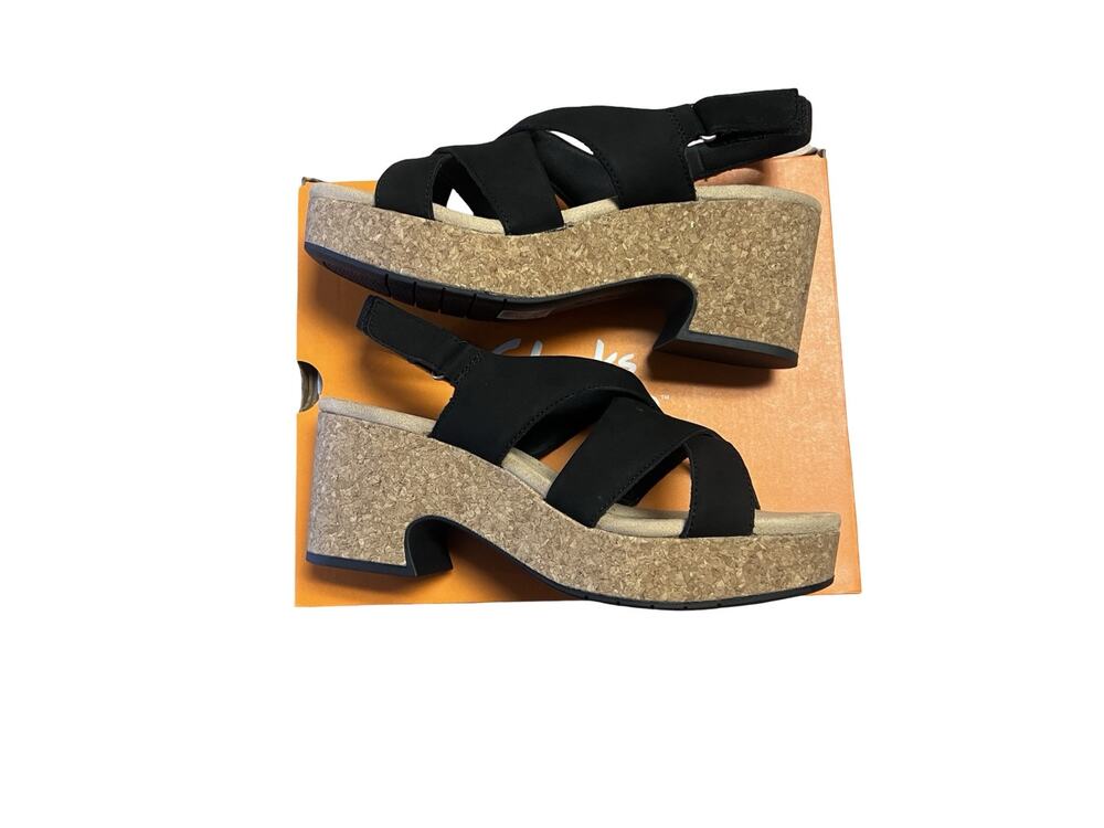 Clarks Nerisa Grace Black Nubuck Cork Wedge Sandal Women's US 10 M